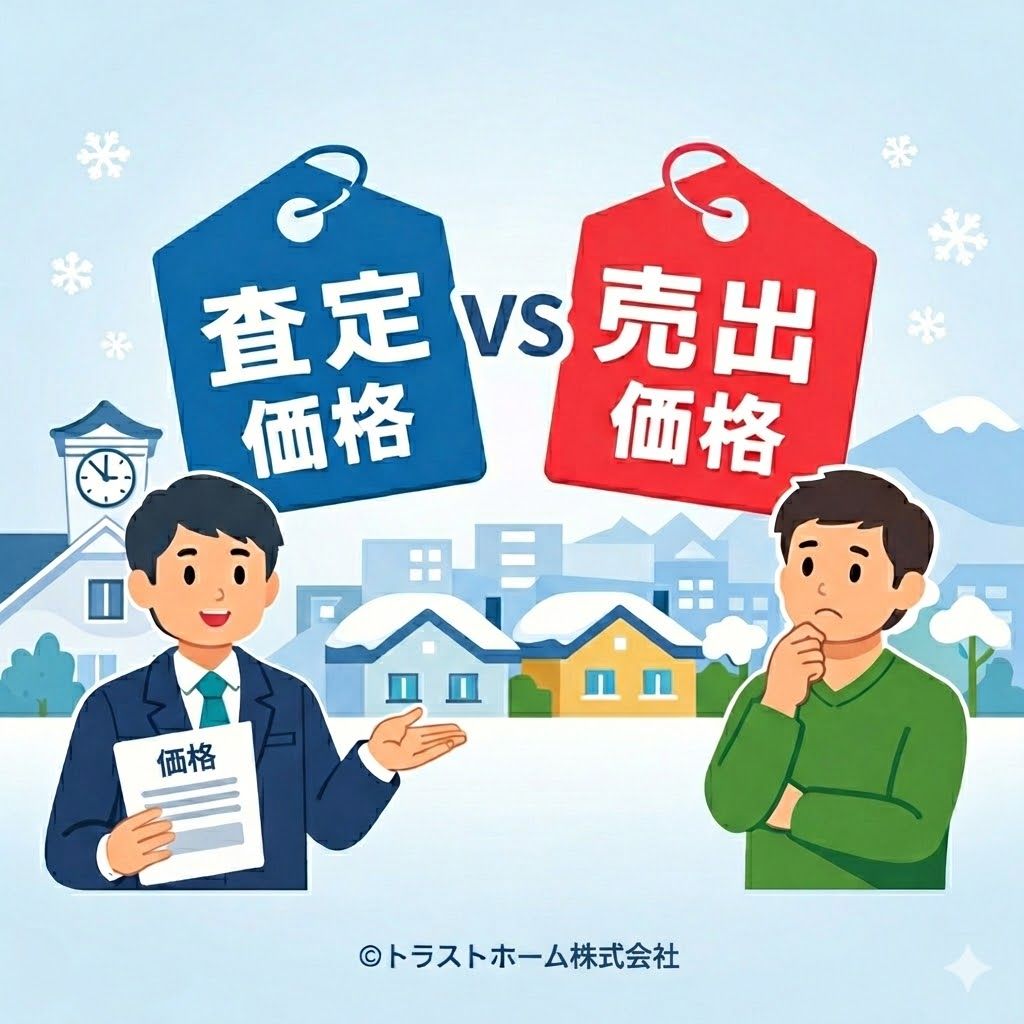札幌版：査定価格と売出価格の違いと価格戦略をイメージしたシンプルな挿絵（©トラストホーム株式会社）