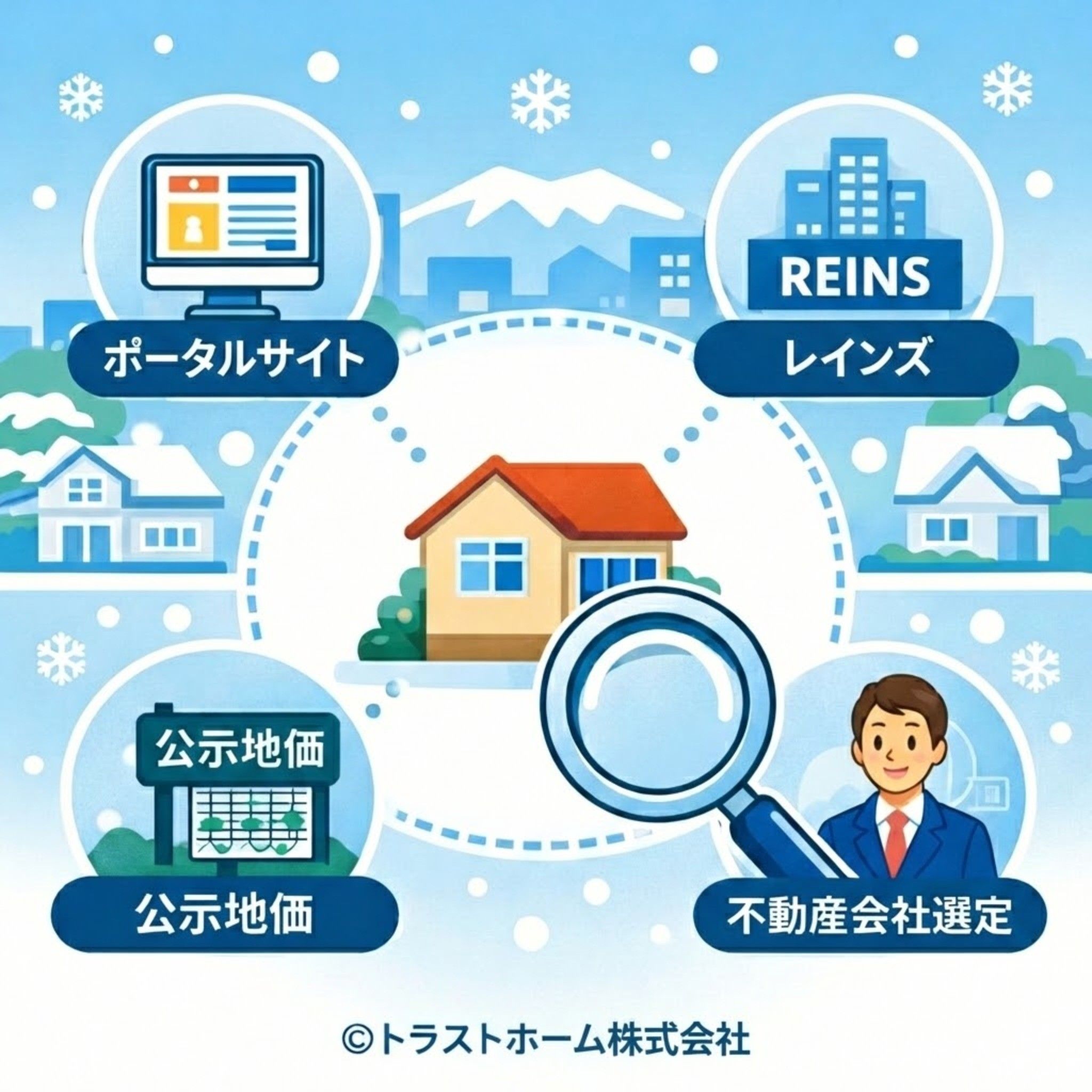 相不動産相場の調査方法を円形で示したイラスト（ポータルサイト・レインズ・公示地価・査定）