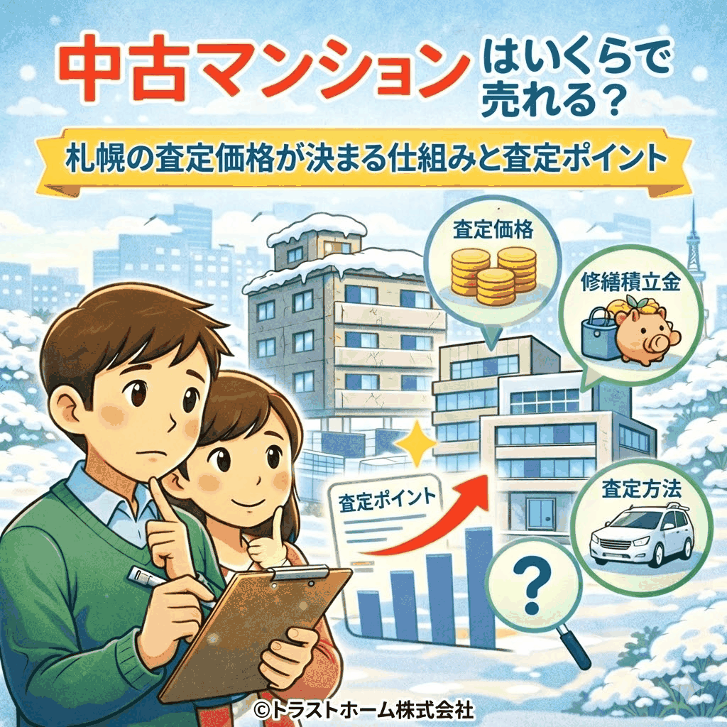 札幌の中古マンション売却において、査定価格がどのように決まるかを考えている売主のイメージイラスト
